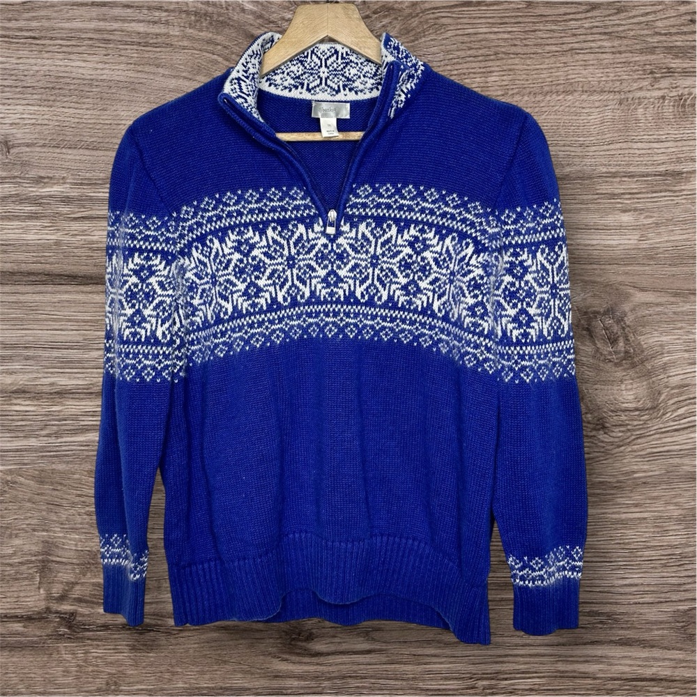 Blue and white quarter zip up snowflake sweater